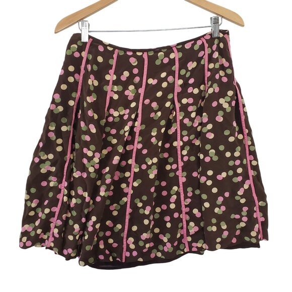 Sunny Leigh Y2K Brown Silk Pink Polka Dot Skirt Womens Size 12 Retro Whimsical - Picture 2 of 6